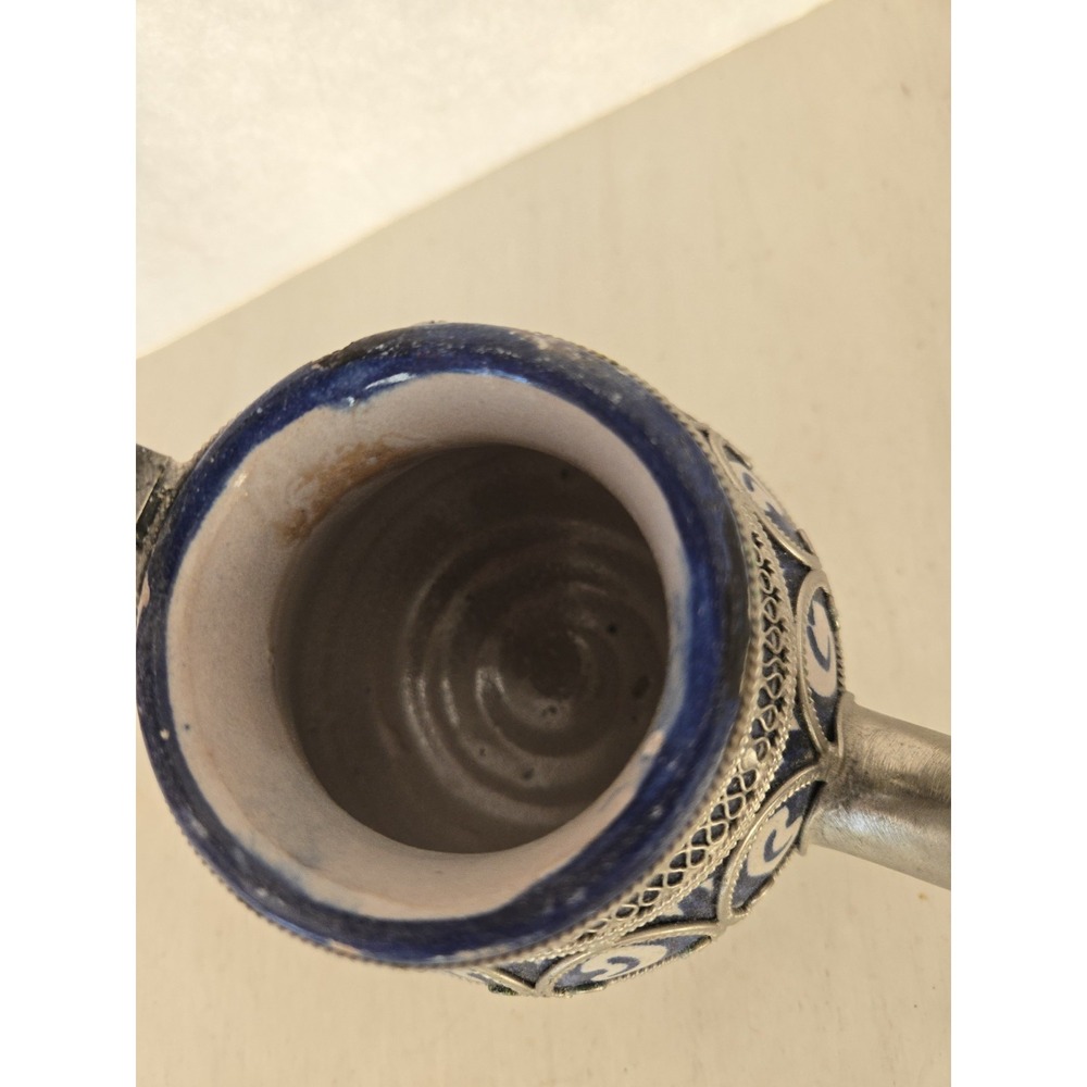 Moroccan Teapot Ceramic Silver Tone Filigree Vintage Blue & White Ceramic 6.5" - Picture 8 of 16